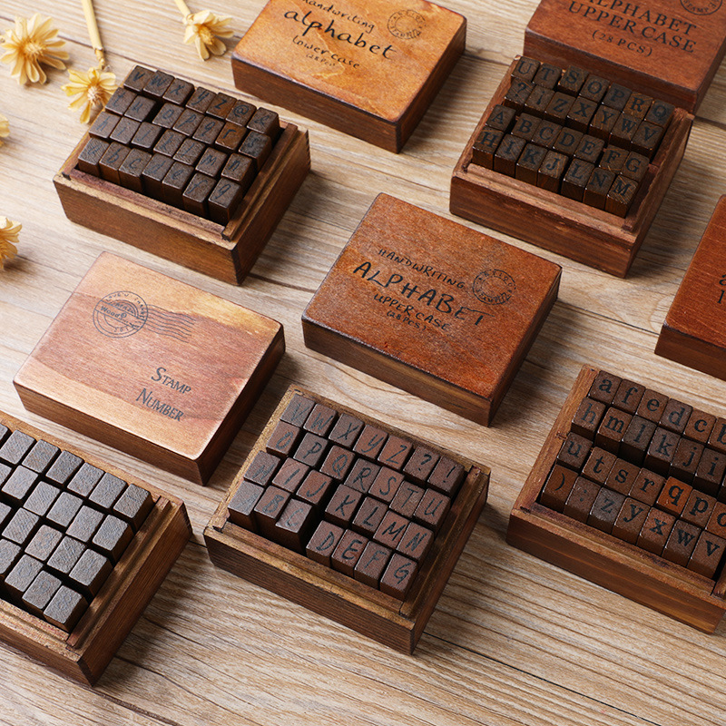 Vintage Collectible Stamps - 28Pcs/Box Alphabet Stamps Vintage Wooden Rubber